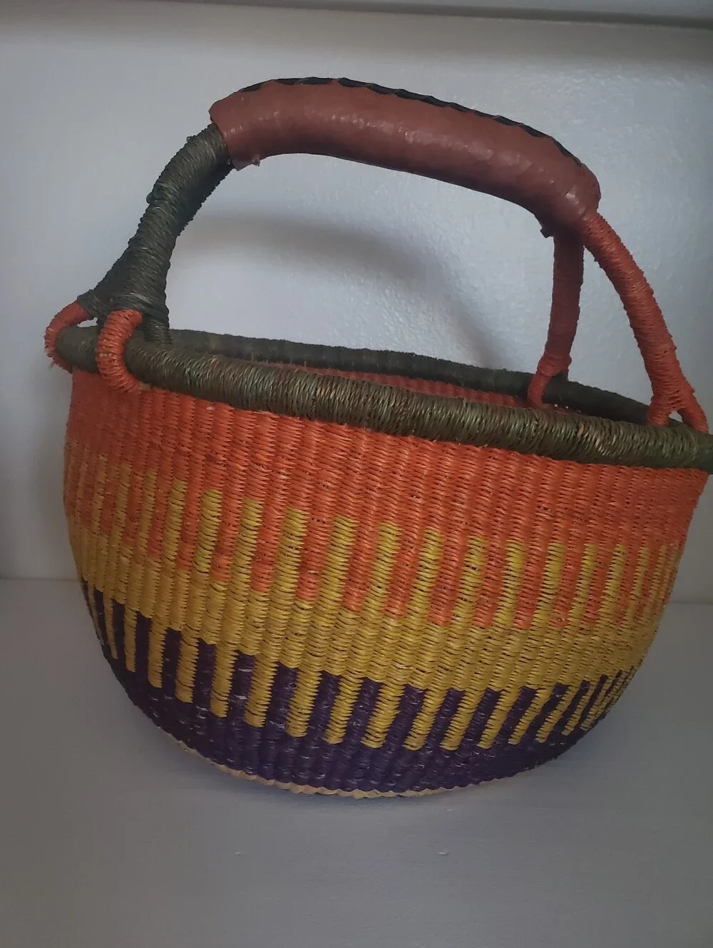 Large Colorful Basket Leather Handle Home Decor Boho Farmhouse Coastal Western